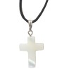 Croix de cou en nacre, H 2 cm sur cordon avec fermoir.