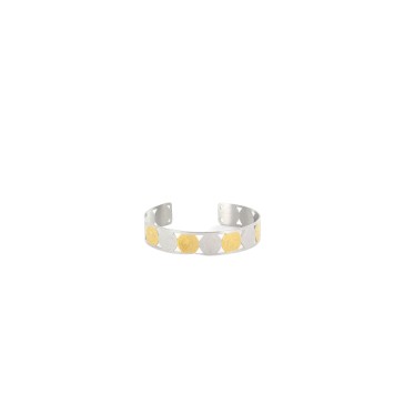 Bracelet manchette medailles de saint Benoit couleur argentee et doree en acier inoxydable, largeur 1,5 cm.