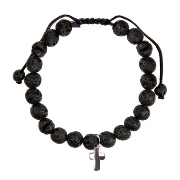 Bracelet sur corde réglable grains en pierre de lave naturelle Ø 7 mm avec croix en métal.