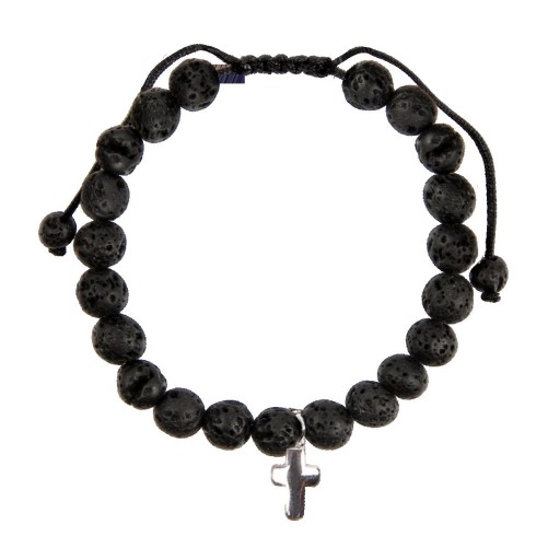 Bracelet sur corde réglable grains en pierre de lave naturelle Ø 7 mm avec croix en métal.