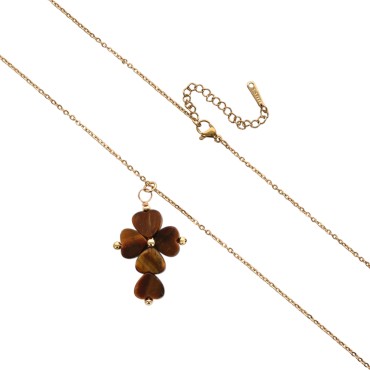 Collier surchaine reglable, acier inoxydable L 45 cm, croix avec 5 coeurs en pierres naturelles H. 3 cm. LOT DE 5 ASSORTIS