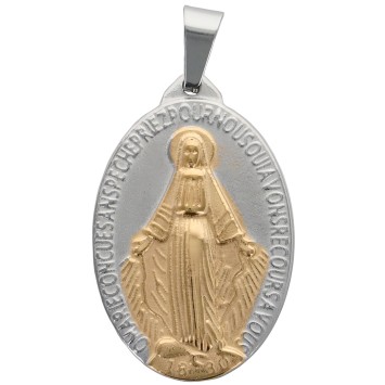 Medaille ovale de la Vierge Miraculeuse, ecrite en Francais de couleur argentee et doree en acier inoxydable. H. 2,7 cm