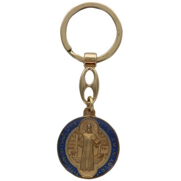 Porte-clés en métal couleur dorée et bleue de saint Benoit Ø 3 cm.