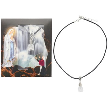 Collier cordon noir reglable avec pendentif flacon d eau de Lourdes. Livre pochette.
