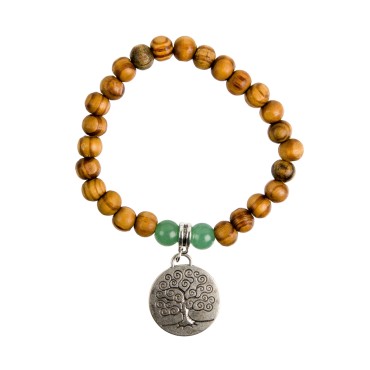 Bracelet sur elastique grains en bois grains pierre Ø 8 mm, medaille metal arbre de vie.