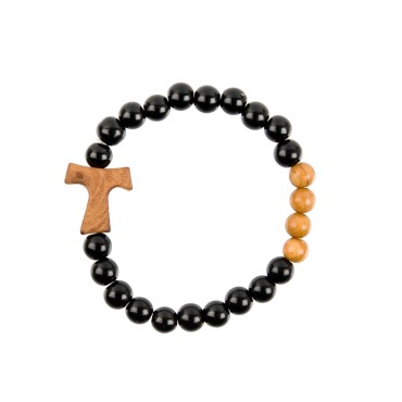 Bracelet sur élastique grains bois et grains noir en verre, Ø 8 mm, avec croix de Taux bois