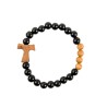 Bracelet sur élastique grains bois et grains noir en verre, Ø 8 mm, avec croix de Taux bois