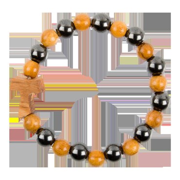 Bracelet dizainier sur --lastique pour enfant grains en h--matite et bois d--039-olivier -- 4 mm- avec croix de Tau-