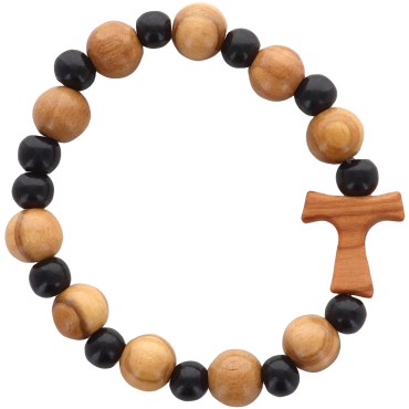 Bracelet sur elastique en bois avec grains marron et noir, Ø 10 mm / 7 mm, avec croix de Taux