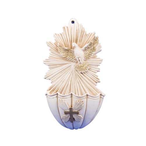 Benitier du Saint esprit en resine blanche et decor couleur doree a suspendre H. 18 cm.