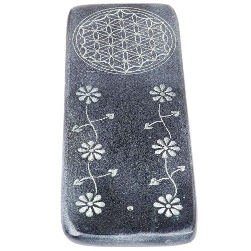 Brule encens pour batonnets en steatite decore fleur de vie Longueur 20 x7.5 cm. Livre en boite individuelle.