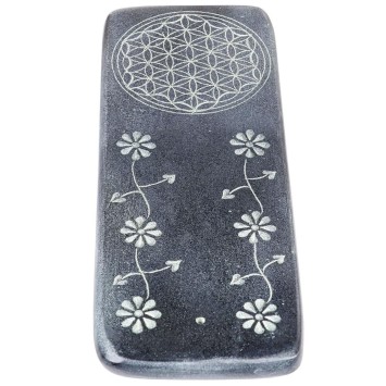 Brule encens pour batonnets en steatite decore fleur de vie Longueur 20 x7.5 cm. Livre en boite individuelle.