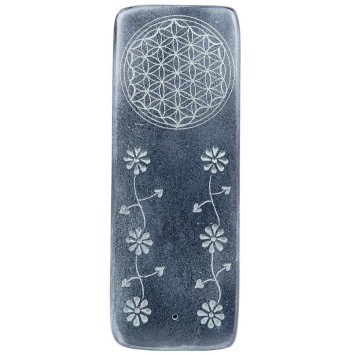 Brule encens pour batonnets en steatite decore fleur de vie Longueur 20 x7.5 cm. Livre en boite individuelle.