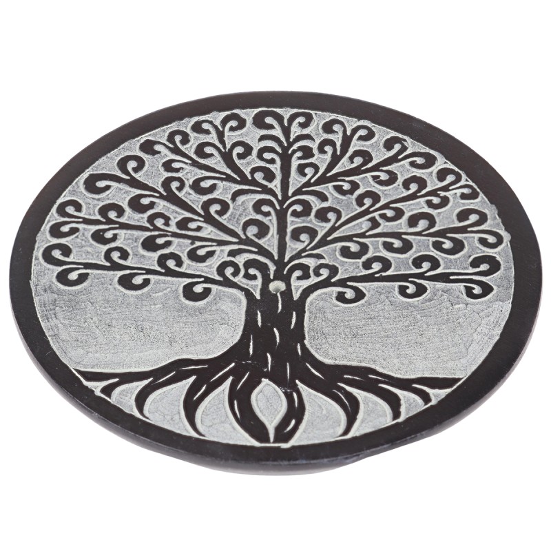 Brule encens pour batonnets en steatite arbre de vie racine, Ø 9.8 cm. Livre en boite individuelle.