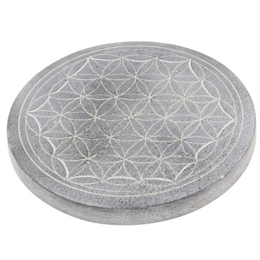 Brûle-encens pour bâtonnets en stéatite décoré Fleur de Vie, Ø 9,8 cm. Livré en boîte individuelle.
