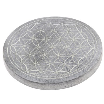 Brûle-encens pour bâtonnets en stéatite décoré Fleur de Vie, Ø 9,8 cm. Livré en boîte individuelle.