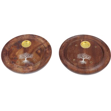 Brûle-encens rond en bois verni Arbre de Vie, pour bâtonnets ou cônes, Ø 10 cm. Boîte de 2.
