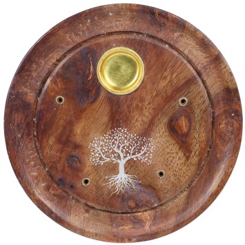 Brûle-encens rond en bois verni Arbre de Vie, pour bâtonnets ou cônes, Ø 10 cm. Boîte de 2.