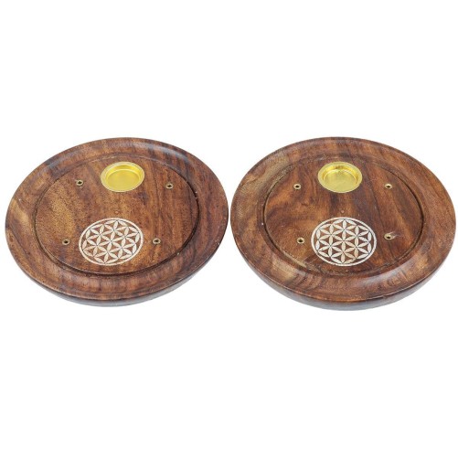 Brûle-encens rond en bois verni Fleur de Vie, pour bâtonnets ou cônes, Ø 10 cm. Boîte de 2.