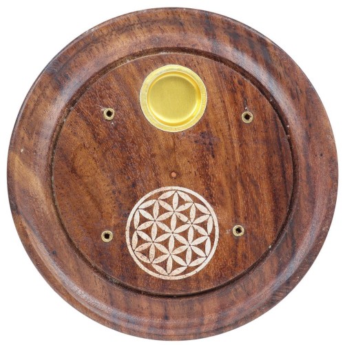 Brûle-encens rond en bois verni Fleur de Vie, pour bâtonnets ou cônes, Ø 10 cm. Boîte de 2.