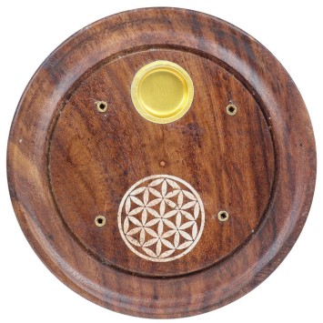 Brûle-encens rond en bois verni Fleur de Vie, pour bâtonnets ou cônes, Ø 10 cm. Boîte de 2.