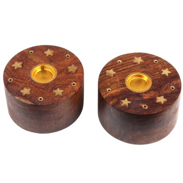 Brûle-encens rond en bois verni étoile, pour bâtonnets ou cônes, H 3,5 cm, Ø 6 cm. Boîte de 2.