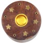 Brûle-encens rond en bois verni étoile, pour bâtonnets ou cônes, H 3,5 cm, Ø 6 cm. Boîte de 2.