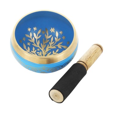 Bol chantant tibétain traditionnel en laiton émaillé bleu, motif Arbre de Vie, Ø 12,5 cm, poids 1 kg.