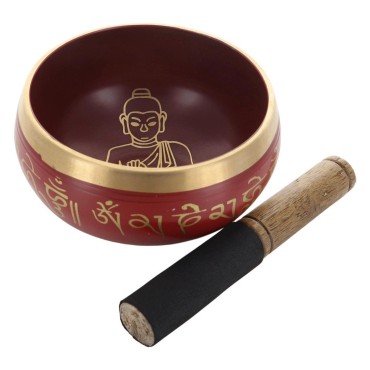 Bol chantant Tibetain traditionnel en laiton émaillé rouge Boudha Ø 12,5 cm, poids 1 Kg