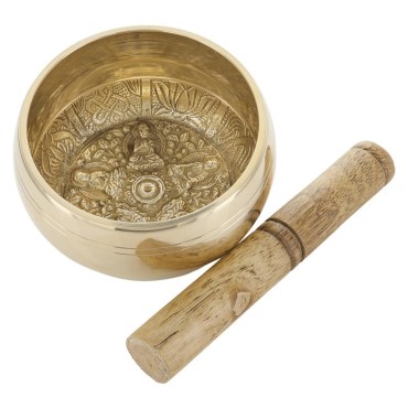 Bol chantant Tibetain traditionnel en laiton interieur decor cisele 5 boudhas Ø 12,5 cm, poids 1 Kg