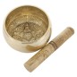 Bol chantant Tibetain traditionnel en laiton interieur decor cisele 5 boudhas Ø 12,5 cm, poids 1 Kg