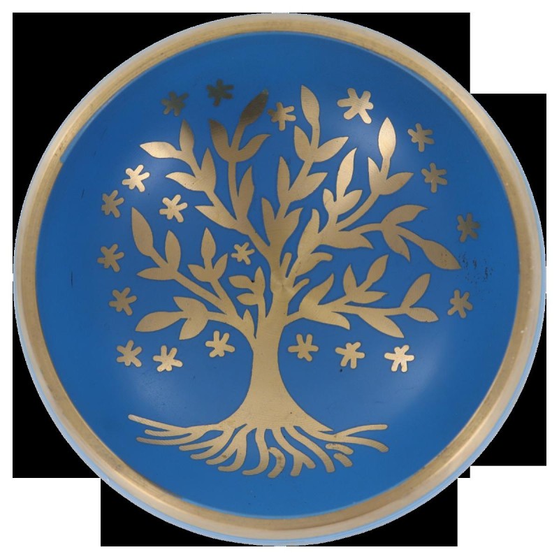 Bol chantant Tibetain traditionnel en laiton émaillé bleu arbre de vie Ø 8,5 cm, poids 450 g.