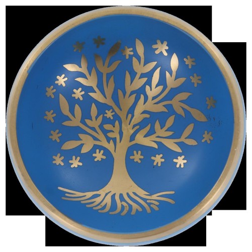 Bol chantant Tibetain traditionnel en laiton émaillé bleu arbre de vie Ø 8,5 cm, poids 450 g.