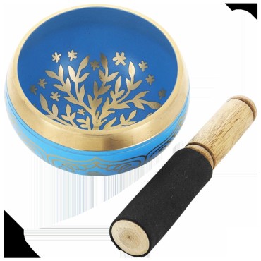 Bol chantant Tibetain traditionnel en laiton émaillé bleu arbre de vie Ø 8,5 cm, poids 450 g.