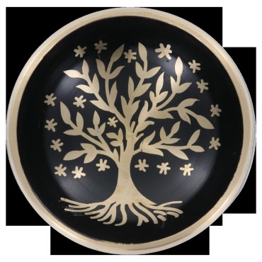 Bol chantant Tibetain traditionnel en laiton émaillé noir arbre de vie Ø 8,5 cm, poids 450 g.