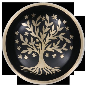 Bol chantant Tibetain traditionnel en laiton émaillé noir arbre de vie Ø 8,5 cm, poids 450 g.