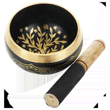 Bol chantant Tibetain traditionnel en laiton émaillé noir arbre de vie Ø 8,5 cm, poids 450 g.