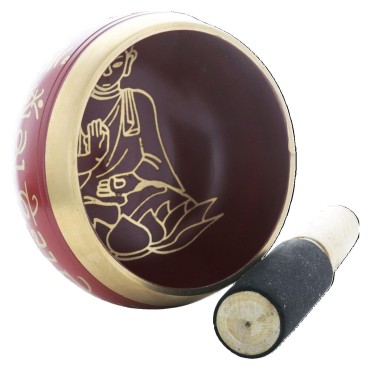 Bol chantant Tibetain traditionnel en laiton emaille rouge Boudha Ø 8,5 cm, poids 450 g.