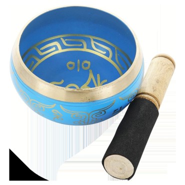 Bol chantant Tibetain traditionnel en laiton émaillé bleu Ø 8,5 cm, poids 450 g.