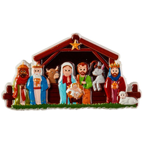 Magnet representant la creche avec 9 personnages en relief,  H. 4 x 8 cm.