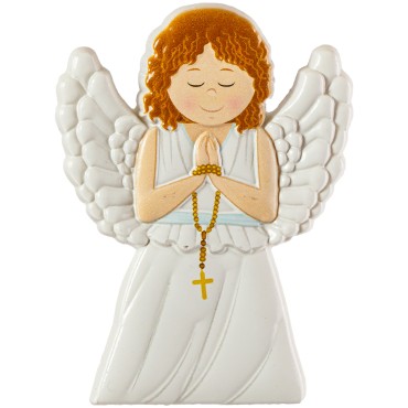 Magnet en relief d un ange bleu en priere avec un chapelet H. 8 x 5.5 cm.