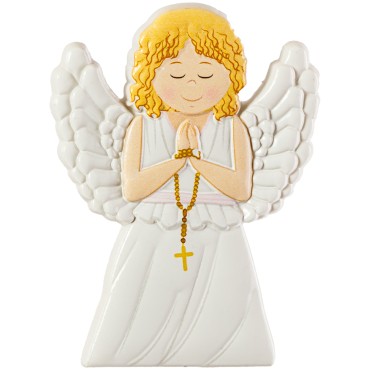 Magnet en relief d un ange rose en priere avec un chapelet, H. 8 x 5.5 cm.