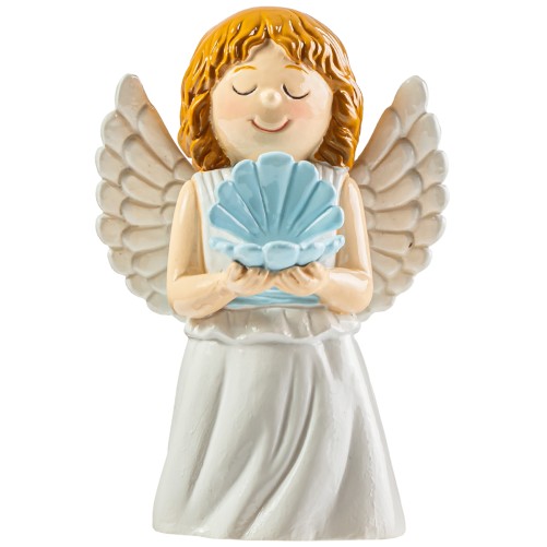 Statue enfantine Ange avec coquille de couleur bleue, H.10 cm