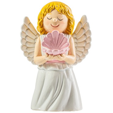 Statue enfantine Ange avec coquille de couleur rose, H 10 cm