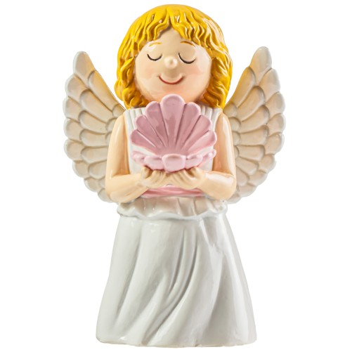 Statue enfantine Ange avec coquille de couleur rose, H 10 cm