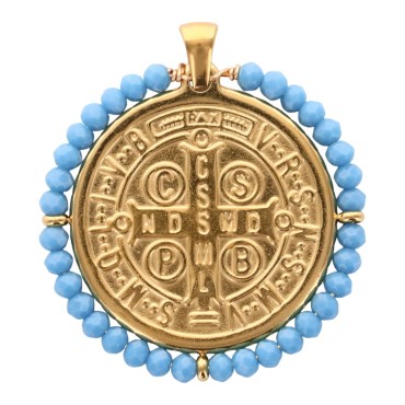 Médaille de Saint Benoit en acier inoxydable doré supérieur avec grains en verre de différentes couleurs, Ø 3 cm.