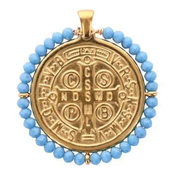 Médaille de Saint Benoit en acier inoxydable doré supérieur avec grains en verre de différentes couleurs, Ø 3 cm.