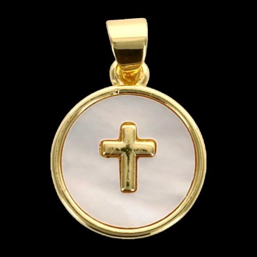 M-eacute-daille en laiton de couleur dor-eacute-e avec croix et coquille naturelle- -Oslash- 1-35 cm-