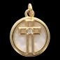 Médaille coquille naturelle avec croix ajourée dorée supérieure et zircon au centre, Ø 1.5 cm.