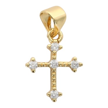 Croix de cou doree superieur avec zircons aux extremites et au centre. H. 1.1 cm.